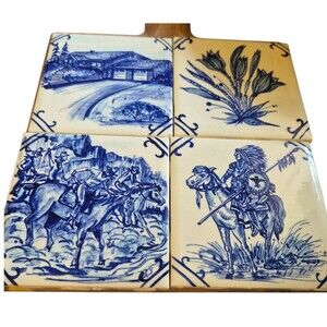 Handpainted Tiles Western Themed Set Of 4 4x4 Inch Tiles Ceramic Cobalt
